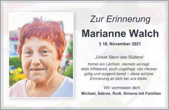 Traueranzeige von Marianne Walch von Allgäuer Zeitung,Kempten