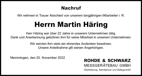 Traueranzeige von Martin Häring von Memminger Zeitung