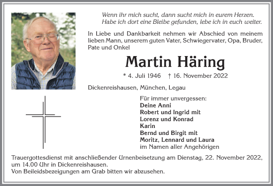 Traueranzeige von Martin Häring von Memminger Zeitung