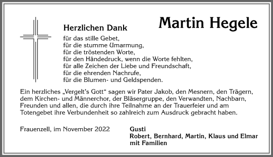 Traueranzeige von Martin Hegele von Allgäuer Zeitung,Kempten