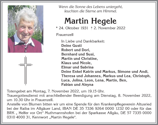 Traueranzeige von Martin Hegele von Allgäuer Anzeigeblatt