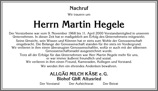 Traueranzeige von Martin Hegele von Allgäuer Zeitung,Kempten