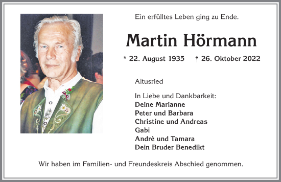 Traueranzeige von Martin Hörmann von Allgäuer Zeitung,Kempten