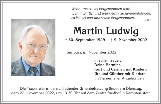 Traueranzeige von Martin Ludwig von Allgäuer Zeitung,Kempten