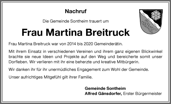 Traueranzeige von Martina Breitruck von Memminger Zeitung