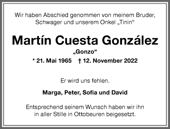 Traueranzeige von Martín Cuesta González von Memminger Zeitung