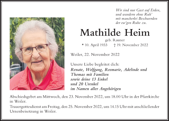 Traueranzeige von Mathilde Heim von Der Westallgäuer