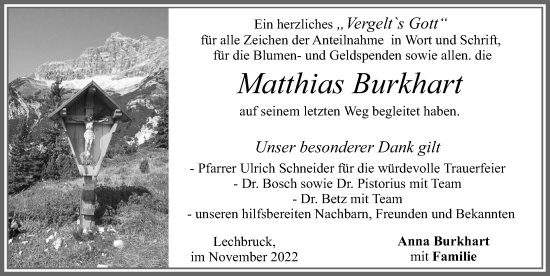 Traueranzeige von Matthias Burkhart von Allgäuer Zeitung, Füssen