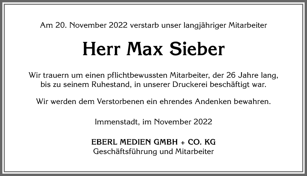  Traueranzeige für Max Sieber vom 26.11.2022 aus Allgäuer Anzeigeblatt