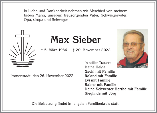 Traueranzeige von Max Sieber von Allgäuer Anzeigeblatt