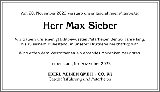 Traueranzeige von Max Sieber von Allgäuer Anzeigeblatt