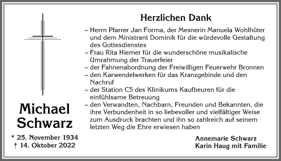 Traueranzeige von Michael Schwarz von Allgäuer Zeitung, Kaufbeuren/Buchloe