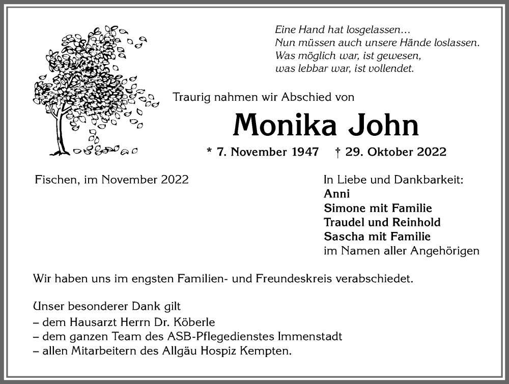 Traueranzeige für Monika John vom 14.11.2022 aus Allgäuer Anzeigeblatt