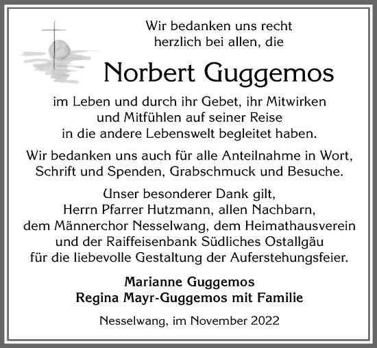 Traueranzeige von Norbert Guggemos von Allgäuer Zeitung, Füssen