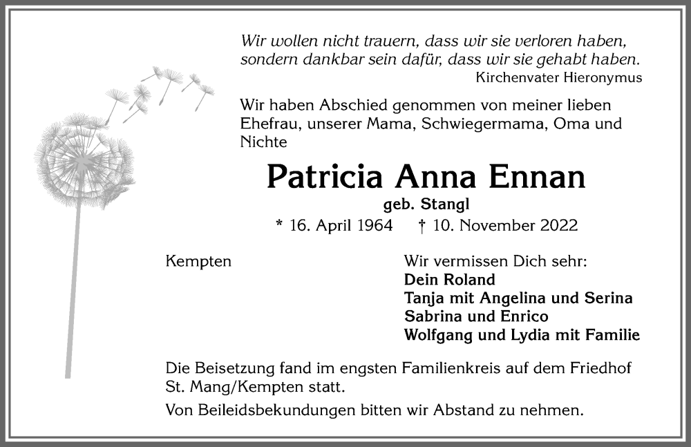  Traueranzeige für Patricia Anna Ennan vom 26.11.2022 aus Allgäuer Zeitung,Kempten