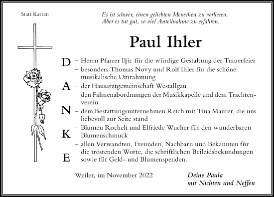 Traueranzeige von Paul Ihler von Der Westallgäuer