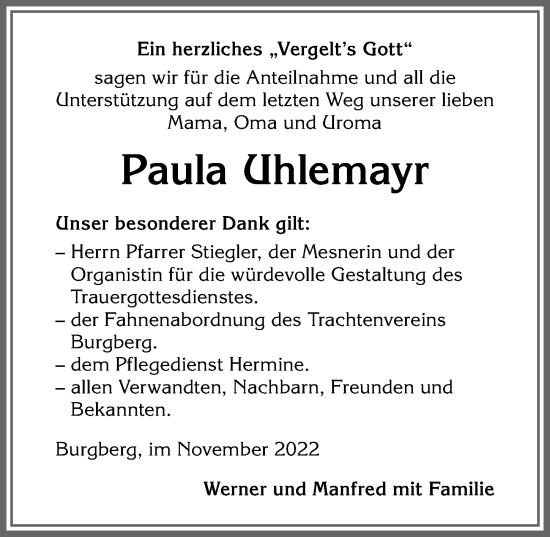 Traueranzeige von Paula Uhlemayr von Allgäuer Anzeigeblatt
