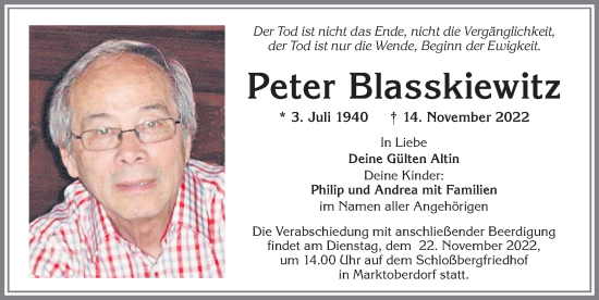 Traueranzeige von Peter Blasskiewitz von Allgäuer Zeitung, Marktoberdorf