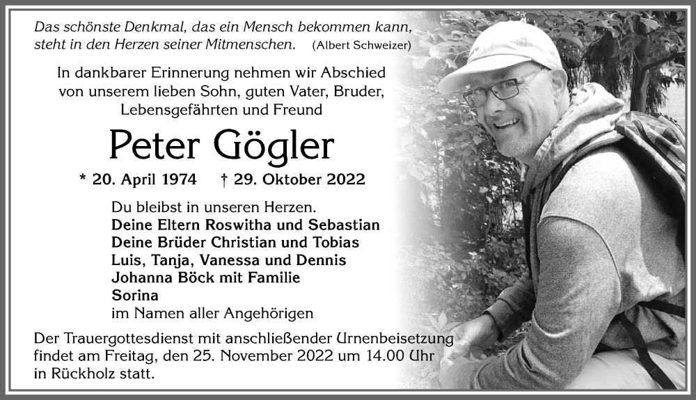  Traueranzeige für Peter Gögler vom 22.11.2022 aus Allgäuer Zeitung, Füssen