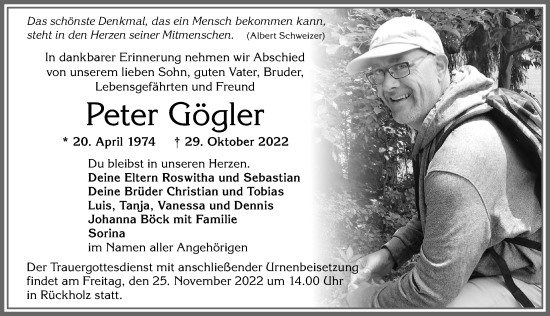 Traueranzeige von Peter Gögler von Allgäuer Zeitung, Füssen