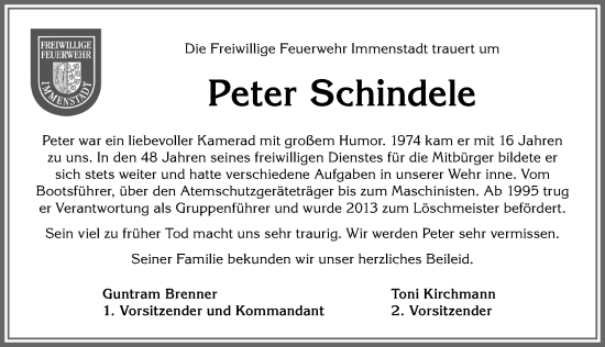 Traueranzeige von Peter Schindele von Allgäuer Anzeigeblatt