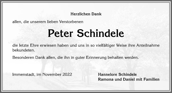 Traueranzeige von Peter Schindele von Allgäuer Anzeigeblatt