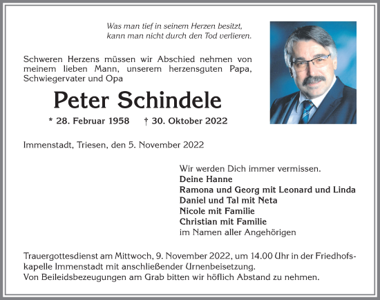 Traueranzeige von Peter Schindele von Allgäuer Anzeigeblatt