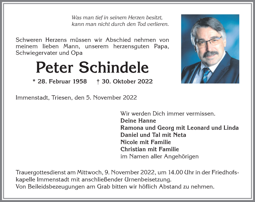  Traueranzeige für Peter Schindele vom 05.11.2022 aus Allgäuer Anzeigeblatt