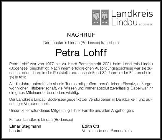 Traueranzeige von Petra Lohff von Der Westallgäuer