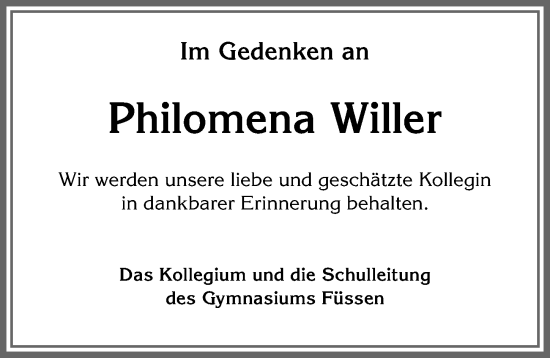 Traueranzeige von Philomena Willer von Allgäuer Zeitung, Füssen