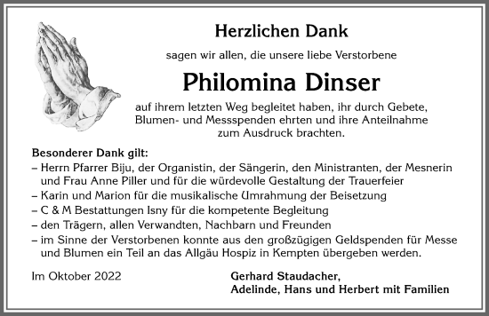 Traueranzeige von Philomina Dinser von Allgäuer Zeitung,Kempten