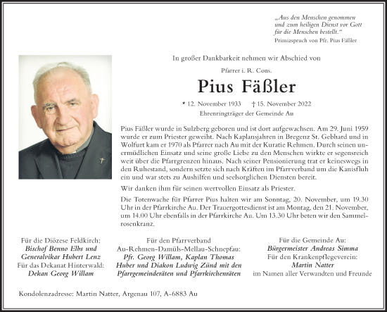 Traueranzeige von Pius Fäßler von Der Westallgäuer