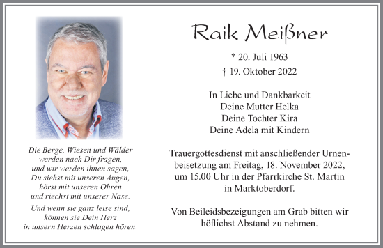 Traueranzeige von Raik Meißner von Allgäuer Zeitung, Marktoberdorf