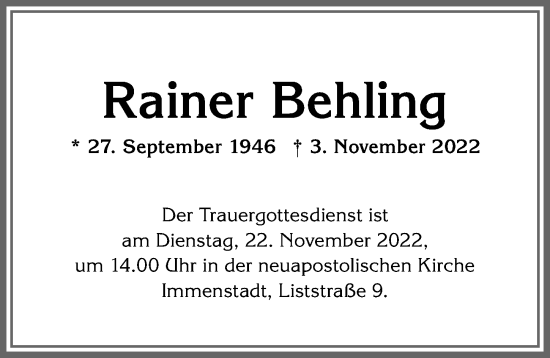 Traueranzeige von Rainer Behling von Allgäuer Anzeigeblatt