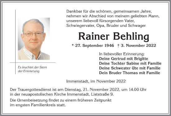 Traueranzeige von Rainer Behling von Allgäuer Anzeigeblatt
