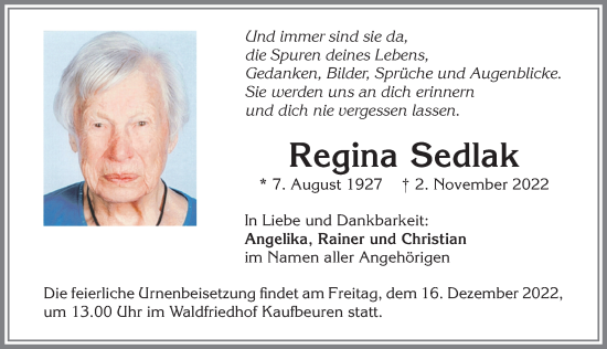 Traueranzeige von Regina Sedlak von Allgäuer Zeitung, Kaufbeuren/Buchloe