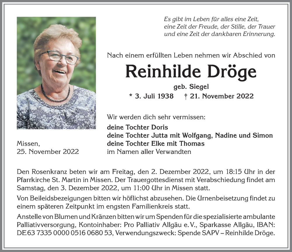  Traueranzeige für Reinhilde Dröge vom 25.11.2022 aus Allgäuer Zeitung,Kempten