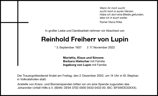 Traueranzeige von Reinhold Freiherr von Lupin von Memminger Zeitung