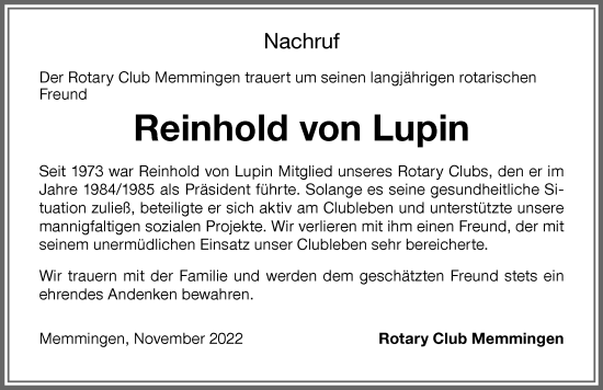 Traueranzeige von Reinhold von Lupin von Memminger Zeitung