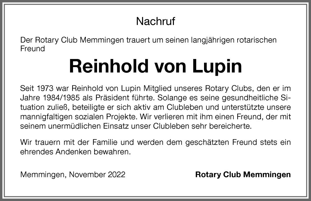  Traueranzeige für Reinhold von Lupin vom 26.11.2022 aus Memminger Zeitung