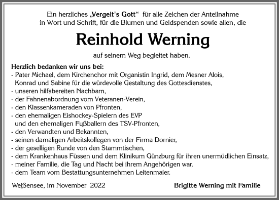 Traueranzeige von Reinhold Werning von Allgäuer Zeitung, Füssen