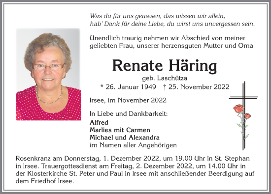 Traueranzeige von Renate Häring von Allgäuer Zeitung, Kaufbeuren/Buchloe
