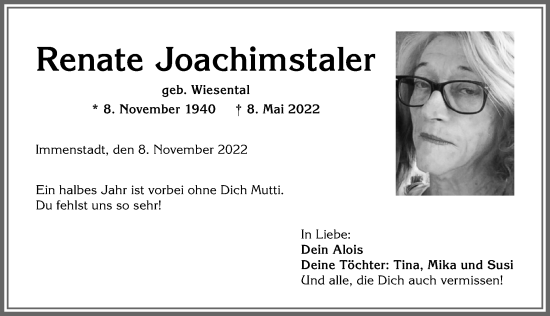 Traueranzeige von Renate Joachimstaler von Allgäuer Anzeigeblatt