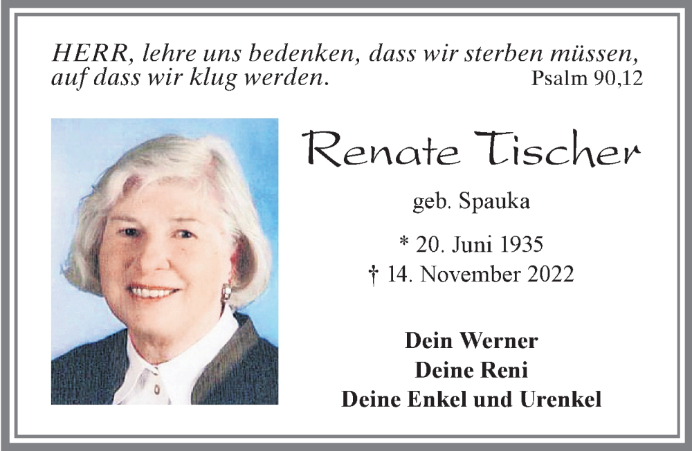  Traueranzeige für Renate Tischer vom 24.11.2022 aus Allgäuer Zeitung, Füssen