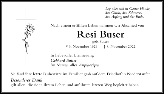 Traueranzeige von Resi Buser von Der Westallgäuer
