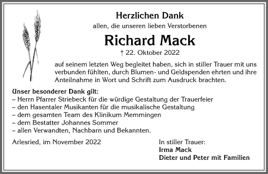 Traueranzeige von Richard Mack von Memminger Zeitung