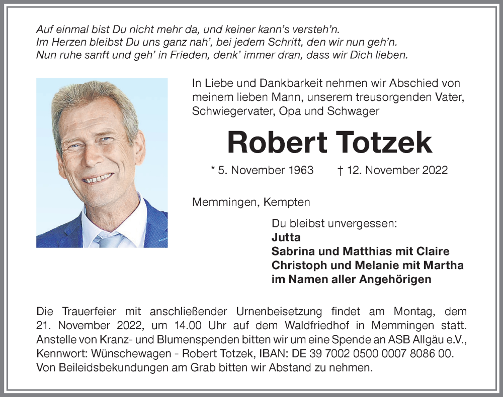  Traueranzeige für Robert Totzek vom 17.11.2022 aus Memminger Zeitung