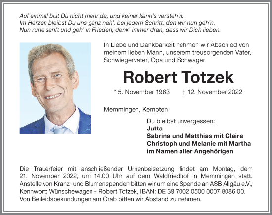 Traueranzeige von Robert Totzek von Memminger Zeitung