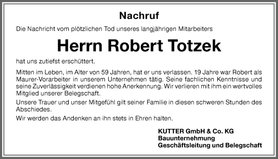 Traueranzeige von Robert Totzek von Memminger Zeitung