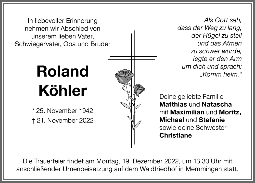  Traueranzeige für Roland Köhler vom 26.11.2022 aus Memminger Zeitung